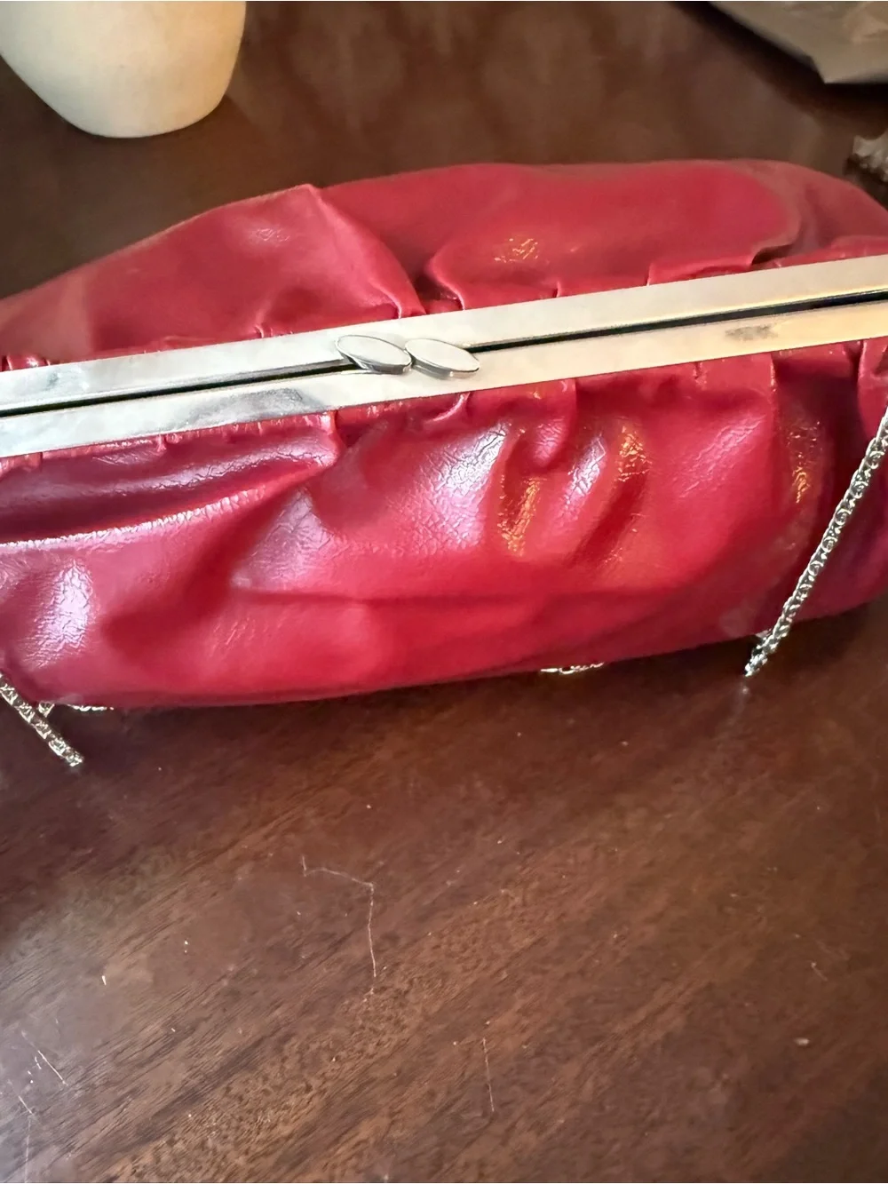 Vintage Y2K Red Faux Leather Kiss-Lock Frame Clutch Evening Bag with Chain.